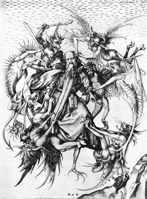 Святой Антоний Великий, избиваемый демонами, желающими прогнать его с места отшельнического подвига. Картина Мартина Шонгауэра, 1480